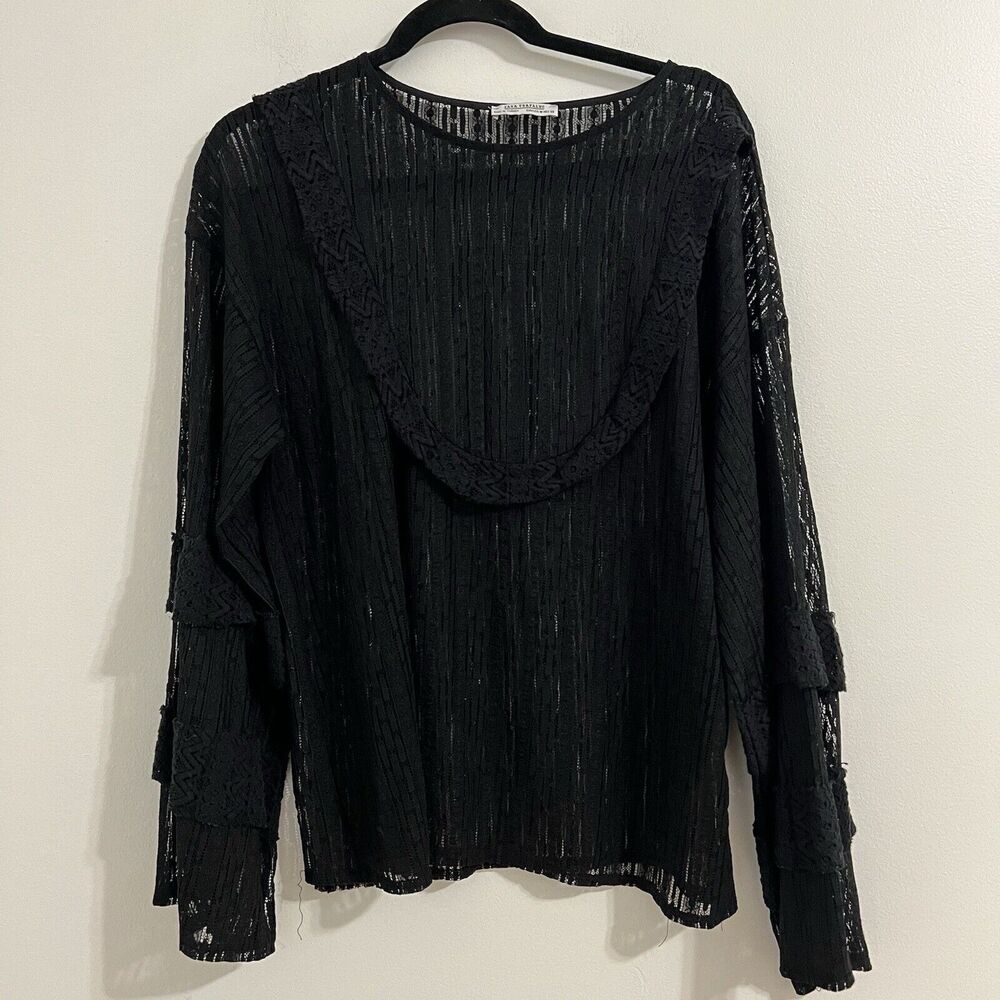 Zara Lace Blouse Size M Black Sheer See Through Goth Whimsy Witchy Long Sleeve